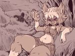  2017 4:3 breasts chest_tuft clothed clothing cute_fangs ear_piercing fangs female fia_(plagueofgripes) forest fur hair hi_res humanoid league_of_legends long_hair looking_at_viewer midriff monochrome multicolored_fur navel nipple_bulge outside piercing pigtails pink_eyes plagueofgripes riot_games slightly_chubby smile solo thick_thighs tree tuft two_tone_fur video_games wide_hips yordle 