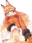  animal_ears ass_visible_through_thighs black_gloves blazer blonde_hair breasts brown_eyes brown_hair censored d: eyebrows_visible_through_hair ezo_red_fox_(kemono_friends) fox_ears from_below fur_trim gloves heart heart-shaped_pupils heavy_breathing highres jacket japari_symbol kemono_friends long_hair looking_down medium_breasts multicolored_hair nksk novelty_censor open_mouth pantyhose pantyhose_pull pleated_skirt pussy pussy_juice skirt skirt_lift solo sweat symbol-shaped_pupils very_long_hair white_background white_skirt 
