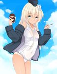  black_jacket blonde_hair blue_eyes cloud covered_navel cowboy_shot day flat_chest food garrison_cap hair_ribbon hat highres ice_cream jacket kantai_collection kiyomin long_hair looking_at_viewer one-piece_swimsuit one-piece_tan ribbon school_swimsuit sky solo spoon swimsuit tan tanline u-511_(kantai_collection) white_school_swimsuit white_swimsuit 
