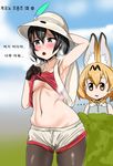  2girls arm_up armpit armpits artist_request black_hair blush bush cloud drooling feather hat highres kaban_(kemono_friends) kemono_friends multiple_girls navel one_arm_up open_clothes open_mouth pantyhose saliva serval_(kemono_friends) shirt_lift short_hair shorts small_breasts steam sweat tongue underboob undressing 