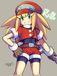  blonde_hair blush bodystocking brown_gloves character_name cowboy_shot eyebrows_visible_through_hair gloves green_eyes iroyopon long_hair looking_at_viewer open_mouth rockman rockman_dash roll_caskett smile solo tools wrench 