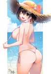  :d absurdres artist_name ass back bangs beach bikini black_eyes black_hair blue_sky blurry blush breasts cloud cloudy_sky commentary_request covered_nipples cowboy_shot cross_hair_ornament day depth_of_field diffraction_spikes grey_eyes hair_between_eyes hair_ornament hat hat_ribbon highres holding kawakami_masaki large_breasts looking_at_viewer looking_back multicolored_hair ocean open_mouth original outdoors ponkotsu_musume_no_nichijou ribbon round_teeth short_hair shoulder_blades side-tie_bikini sidelocks signature sky smile solo sparkle straw_hat streaked_hair sun_hat swimsuit teeth thighs thong_bikini two-tone_hair untied untied_bikini white_bikini white_hair 