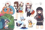  &gt;_&lt; :d :o ^_^ agata_(agatha) back-to-back bag black_dress blue_(pokemon) blush breasts brown_eyes brown_hair cabbie_hat cleavage closed_eyes cosplay cropped_legs deoxys dress dual_persona eighth_note fire_emblem full_body gen_1_pokemon gen_3_pokemon gloves grass happy hat leaf leaning_forward long_hair looking_at_viewer multiple_views musical_note open_mouth pokemon pokemon_(creature) pokemon_(game) pokemon_frlg pokemon_rgby raichu rain red_skirt riff_(fire_emblem) shirt shirt_pull simple_background sitting skirt sleeveless sleeveless_shirt small_breasts smile solo_focus sun_hat team_rocket_uniform text_focus venusaur water white_background 