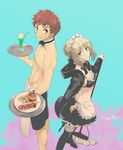  1girl apron artoria_pendragon_(all) artoria_pendragon_(swimsuit_rider_alter) back-to-back bikini_top blonde_hair broom commentary_request corndog dark_persona detached_collar emiya_shirou fate/stay_night fate_(series) food french_fries hair_bun hamburger maid maid_apron maid_headdress mgk968 orange_hair pale_skin shorts topless tray waist_apron waiter yellow_eyes 