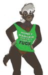  2017 anthro bottomless brown_eyes chest_tuft claws clothed clothing female hands_on_hips honey_badger looking_at_viewer mammal mustelid portrait pussy shirt simple_background solo style_wager text three-quarter_portrait tuft white_background 