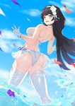  :d absurdres ass bikini black_hair breasts commentary_request fingerless_gloves girls_frontline gloves greem_bang headband highres korean_commentary large_breasts long_hair open_mouth qbz-95_(girls_frontline) smile solo swimsuit thighhighs white_bikini white_legwear yellow_eyes 