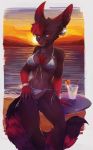  anthro beach big_ears bikini bikini_aside chest_tuft citra clitoral_hood clitoris clothed clothing cup day ear_piercing ears_back fangs female flashing fur looking_at_viewer mammal navel open_mouth outside partially_clothed piercing pussy red_eyes ringtail saintcocoa seaside sky solo standing straw swimsuit table tuft water 