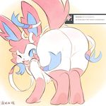  ambiguous_gender blue_eyes blush butt eeveelution fur girly hexeix nintendo one_eye_closed open_mouth pink_fur pok&eacute;mon ribbons sweat sylveon thick_thighs tumblr video_games white_fur wink 