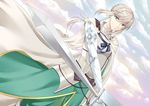  absurdres armor bad_id bad_pixiv_id bedivere blonde_hair braid cape cloud dutch_angle fate/grand_order fate_(series) green_eyes hair_tubes highres long_hair looking_at_viewer male_focus siika_620 silver_hair sky solo sword weapon wind 