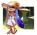  arm_behind_back bangs blue_hair dress flower full_body hat highres inkling long_hair looking_at_viewer one_eye_closed outside_border photo_background sandals solo splatoon_(series) standing stone_lantern sun_hat sundress sunflower tan tentacle_hair wahootarou white_dress yellow_eyes 