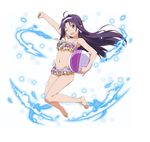  ahoge arm_up ball barefoot beachball bikini bow brown_eyes carrying_under_arm floating_hair frilled_bikini frills full_body groin hair_bow hair_intakes halter_top halterneck holding holding_ball long_hair navel official_art open_mouth pointy_ears purple_hair solo swimsuit sword_art_online sword_art_online:_code_register transparent_background yuuki_(sao) 