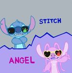 2015 alien angel_(lilo_and_stitch) antennae blue_fur blue_nose breast_markings castle claws crossed_arms digital_drawing_(artwork) digital_media_(artwork) disney disney_parks duo experiment_(species) eyewear fur grey_background head_tuft heart_glasses lilo_and_stitch looking_at_viewer markings notched_ear oit open_mouth open_smile pink_claws pink_fur purple_background purple_mouth purple_nose purple_tongue shaka simple_background smile sparkles stitch sunglasses tuft 