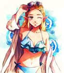  bikini blonde_hair blush breasts hat long_hair looking_at_viewer medium_breasts navel pointy_ears princess_zelda smile solo swimsuit the_legend_of_zelda the_legend_of_zelda:_breath_of_the_wild thick_eyebrows 