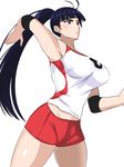  armpits bangs black_hair blunt_bangs breasts ebino_mei elbow_pads hatsukoi_zombie large_breasts long_hair ponytail purple_eyes shirt shorts sleeveless sleeveless_shirt solo sportswear sweat takara_joney volleyball_uniform white_background 