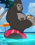  2017 anthro ape ash_metcalf ball beach biceps big_nipples big_pecs black_fur blue_eyes blue_sky bulge butt clothed clothing cloud detailed_background digital_media_(artwork) fur gorilla grey_nipples grey_skin hi_res holding_ball holding_object looking_at_viewer male mammal marlon.cores muscular muscular_male nipples open_mouth outside palm_tree parasol partially_submerged pecs pink_bottomwear pink_clothing portrait primate seaside side_view signature sky smile solo speedo standing summer swimsuit three-quarter_portrait topless tree volleyball_(ball) water 