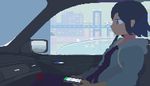  animated animated_gif bad_id bad_tumblr_id bird black_hair blinking boat bridge brown_eyes building car_interior city from_side holding hood hood_down hoodie lowres original pixel_art short_hair sitting solo toyoi_yuuta water watercraft 