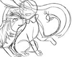  2girls animal_ears bow dog_ears eye_contact flower full_body furry half-closed_eyes hand_up looking_down looking_up mightyena monochrome multiple_girls negoya no_humans paws pokemon pokemon_(creature) pokemon_rse pokemon_xy simple_background sitting sketch smile sylveon white_background 