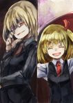  :d bangs black_suit blonde_hair breasts colored_eyelashes dual_persona evil_smile ex-rumia eyebrows_visible_through_hair formal jacket looking_at_viewer medium_breasts necktie open_mouth outstretched_arms parted_lips red_eyes rumia side_ponytail smile suit touhou yohane 