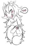  1girl animal_ears claws dog_ears dog_tail fangs from_above full_body furry hair_over_one_eye half-closed_eyes hands_together hands_up heart highres looking_at_viewer lying mightyena monochrome negoya no_humans on_back open_mouth paws pokemon pokemon_(creature) pokemon_rse sketch smile solo spoken_heart spot_color tail teeth 