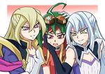  1boy 2girls blonde_hair evil_grin gloria_tyler grace_tyler multicolored_hair multiple_girls pink_eyes red_eyes sakaki_yuuya smile white_hair yu-gi-oh! 