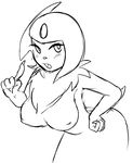  1girl absol armpits blush breasts claws fangs furry greyscale hand_on_hip hand_up horn large_breasts leaning_forward looking_at_viewer looking_to_the_side monochrome negoya nipples no_humans open_mouth personification pokemon pokemon_(creature) pokemon_rse short_hair simple_background sketch solo standing teeth white_background 