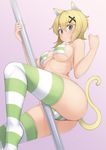  akatsuki_kirika alfort_(may0508) animal_ears ass bikini blonde_hair blush breasts cameltoe cat_ears cat_tail closed_mouth commentary_request covered_nipples dutch_angle gradient gradient_background green_eyes hair_ornament highres large_breasts looking_at_viewer micro_bikini pink_background pole pole_dancing purple_background senki_zesshou_symphogear short_hair skindentation smile solo striped striped_bikini striped_legwear stripper_pole sweat swimsuit tail thighhighs x_hair_ornament 