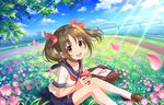  artist_request bag bangs blue_sky blush bow brown_eyes brown_hair collarbone day field flower flower_field grass hair_bow holding idolmaster idolmaster_cinderella_girls idolmaster_cinderella_girls_starlight_stage imai_kana juice_box kneehighs leaf loafers looking_at_viewer nature notebook official_art open_mouth outdoors pen petals pleated_skirt school_bag school_uniform serafuku shoes sitting skirt sky smile solo sunlight tree twintails water 
