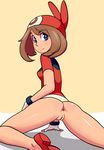  1girl anus arm_support arttmadness ass bad_id bad_tumblr_id bandanna blue_eyes blush bottomless breasts brown_hair eyebrows_visible_through_hair fingerless_gloves from_behind gloves hand_up haruka_(pokemon) hat highres kneeling looking_at_viewer looking_back pokemon pokemon_rse pussy red_hay red_shirt red_shoes shiny_skin shirt shoes short_hair short_sleeves simple_background small_breasts smile solo spread_legs uncensored white_gloves yellow_background 