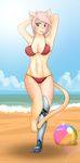  2017 absurd_res amputee anthro beach bikini breasts capri cat cleavage clothed clothing cybernetics detailed_background digital_media_(artwork) doxxyl feline female fur hair hi_res machine mammal outside prosthetic red_eyes sand seaside short_hair skimpy solo suggestive swimsuit tan_fur tongue tongue_out water 
