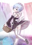  :d absurdres ass black_skirt blue_eyes blue_hair detached_sleeves hair_over_one_eye hair_ribbon highres holding looking_at_viewer looking_back maid mary_janes open_mouth panties re:zero_kara_hajimeru_isekai_seikatsu rem_(re:zero) ribbon ribbon-trimmed_sleeves ribbon-trimmed_thighhighs ribbon_trim shoes short_hair skirt smile solo standing thighhighs underwear upskirt white_legwear white_panties yonago_miko 