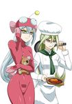  breasts chef_uniform cosplay cowboy_shot food food_on_face frying_pan fuchigami_mai girls_und_panzer gloria_tyler grace_tyler green_eyes green_hair green_neckwear hair_between_eyes hat highres holding long_hair medium_breasts multiple_girls neckerchief nishizumi_miho nishizumi_miho_(cosplay) parted_lips pepperoni_(girls_und_panzer) pepperoni_(girls_und_panzer)_(cosplay) red_eyes seiyuu_connection shirt siblings silver_hair simple_background sisters skirt smile standing straw_(yokubou_hiroba) taichi_you twins very_long_hair white_background white_hat white_shirt white_skirt yuu-gi-ou yuu-gi-ou_arc-v 