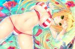  aestus_estus ahoge beach bead_bracelet beads bikini blonde_hair bracelet breasts criss-cross_halter earrings fate/grand_order fate_(series) flower green_eyes hair_intakes halterneck jewelry large_breasts long_hair looking_at_viewer lying navel nero_claudius_(fate)_(all) nero_claudius_(swimsuit_caster)_(fate) on_back parted_lips partially_submerged side-tie_bikini solo striped striped_bikini swimsuit twintails very_long_hair water yunagi_amane 