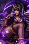  black_hair bodysuit breasts bug butterfly cleavage deviantart_username finger_to_mouth fire_emblem fire_emblem:_kakusei insect jewelry large_breasts long_hair magic olga_narhova patreon_username realistic ring solo tharja twintails 