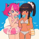  2girls bikini black_hair blue_eyes cloud dark_skin duo food hiiragi_yuzu ice_cream kotsu_masumi multiple_girls nns146 pink_hair red_eyes sky yu-gi-oh! yuu-gi-ou_arc-v 