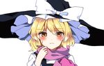  blonde_hair blush commentary frown gloves hat hot kirisame_marisa long_hair long_sleeves looking_at_viewer pink_gloves pink_scarf scarf single_glove solo sweat touhou vest witch_hat yellow_eyes yururi_nano 