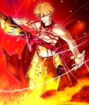  blonde_hair ea_(fate/stay_night) earrings fate_(series) gilgamesh holding holding_weapon jewelry male_focus red_eyes sen_(77nuvola) shirtless solo standing tattoo weapon 