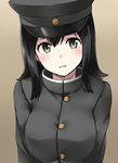  akitsu_maru_(kantai_collection) black_eyes black_hair black_hat brown_background buttons gradient gradient_background hat highres kamelie kantai_collection long_sleeves military military_uniform open_mouth peaked_cap remodel_(kantai_collection) short_hair solo uniform 