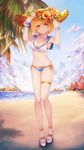  absurdres beach bikini blonde_hair blue_bikini blush bracelet breasts cameltoe cleavage cloud crop_top day djeeta_(granblue_fantasy) flower granblue_fantasy hat hat_flower highres jewelry md5_mismatch medium_breasts navel o-ring o-ring_top outdoors palm_tree platform_footwear platform_heels sailor_bikini sailor_collar shirt short_hair side-tie_bikini skindentation sky smile solo straw_hat sun_hat swimsuit thigh_strap thighs tied_shirt tree wakaba_(945599620) water yellow_eyes 