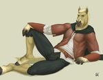  2017 5_fingers abs alistair_goldmane anthro arm_support armor belt biceps biped black_bottomwear black_clothing black_hooves black_pants brown_clothing brown_eyes brown_fur brown_shirt brown_topwear bulge cape clothed clothing digital_media_(artwork) equine eyebrows fingerless_(marking) fully_clothed fur hair hooves horse humanoid_hands leaning_on_elbow looking_at_viewer male mammal multicolored_fur muscular muscular_male open_shirt pants pecs reclining rov shirt short_hair signature simple_background snout solo tan_fur tan_hair tan_tail uniform vambraces white_background white_clothing white_shirt white_topwear 