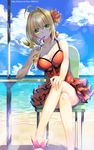  bare_shoulders beach beach_umbrella blonde_hair bow breasts chair cleavage cloud crossed_legs cup day dress drinking drinking_glass drinking_straw fate/extra fate_(series) flower frilled_dress frills green_eyes hair_flower hair_intakes hair_ornament large_breasts legs long_hair nero_claudius_(fate) nero_claudius_(fate)_(all) ocean outdoors red_dress short_dress sitting slippers solo table trianon twitter_username umbrella water 