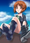  bangs black_footwear black_legwear blue_jacket blurry boot_removed boots brown_hair cloud cloudy_sky day depth_of_field eyebrows_visible_through_hair feet girls_und_panzer green_shirt highres holding jacket long_sleeves looking_at_viewer military military_uniform miniskirt nishizumi_miho no_shoes ooarai_military_uniform open_clothes open_jacket outdoors parted_lips pleated_skirt pov_feet shirt single_boot sitting skirt sky socks soles solo steam sweat t_k uniform white_skirt 