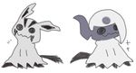  absol absol_(cosplay) animal_ears black_eyes cosplay dog_ears full_body horn mightyena mightyena_(cosplay) mimikyu negoya no_humans pokemon pokemon_(creature) pokemon_rse pokemon_sm short_hair simple_background sketch standing tail text translation_request wavy_mouth white_background white_hair 