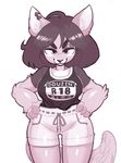  2017 anthro breasts burnbuckie clothed clothing ear_piercing feline female fur hair half-closed_eyes hands_on_hips hi_res japanese_text looking_at_viewer mammal monochrome nails piercing shirt short_hair shorts simple_background smile solo text 