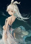  bare_arms bare_shoulders breasts commentary_request dress floating_hair hair_ribbon highres long_hair looking_at_viewer looking_back medium_breasts original ribbon scyze silver_eyes silver_hair solo standing white_dress wind wind_lift 