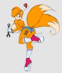  2017 ? anthro big_breasts blue_eyes breasts butt canine clothing crossgender female footwear fox fur hair handprint high_heels legwear mammal miles_prower orange_fur shoes simple_background socks solo sonic_(series) teerstrash tools video_games wrench 