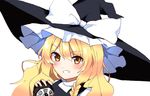  :d blonde_hair blush bow braid commentary_request grin hat hat_bow kirisame_marisa long_hair looking_at_viewer mini-hakkero open_mouth side_braid single_braid smile solo touhou v-shaped_eyebrows wavy_hair white_bow witch_hat yellow_eyes yururi_nano 