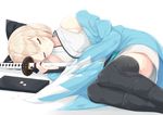  :o absurdres bad_revision bangs bare_shoulders black_bow black_legwear blonde_hair bow cherry_blossoms closed_eyes downscaled_revision fate_(series) feet_out_of_frame fetal_position hair_bow haori highres igakusei japanese_clothes kimono koha-ace lying md5_mismatch okita_souji_(fate) okita_souji_(fate)_(all) on_side petals sheath sheathed short_hair simple_background sleeping solo sword thighhighs weapon white_background 