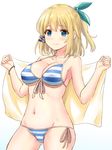  absurdres aqua_eyes ass_visible_through_thighs bikini blonde_hair bracelet breasts cleavage closed_mouth contrapposto cowboy_shot front-tie_bikini front-tie_top groin hair_ornament hair_ribbon hairclip highres inanaki_shiki jewelry large_breasts navel one_side_up ribbon rokudenashi_majutsu_koushi_to_akashic_record rumia_tingel short_hair side-tie_bikini smile solo standing striped striped_bikini swimsuit towel tress_ribbon underboob 