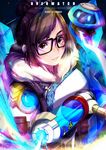  black-framed_eyewear blue_gloves breasts brown_eyes brown_hair canister coat copyright_name drone fur-trimmed_jacket fur_coat fur_trim fuumeh glasses gloves gun hair_bun hair_ornament hair_stick highres holding holding_gun holding_weapon jacket long_sleeves looking_at_viewer medium_breasts mei_(overwatch) overwatch parted_lips robot short_hair signature smile snowball_(overwatch) solo upper_body watermark weapon winter_clothes winter_coat 