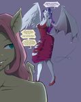  2017 anthro anthrofied bakuhaku bat_pony bat_wings blood breasts cleavage clothed clothing crossgender dialogue dickgirl dress duo english_text equine fangs feathered_wings feathers female flutterbat_(mlp) fluttershy_(mlp) footwear friendship_is_magic hair hi_res high_heels horn intersex long_hair mammal membranous_wings my_little_pony pink_hair purple_hair rarity_(mlp) shoes simple_background spade_tail teal_eyes text torn_clothing transformation winged_unicorn wings 